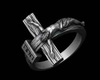 Jesus Cross Ring , Solid Gold or Sterling Silver, Catholic Christian Jewelry, Handmade Religious Gift for Her & Him, Faith Ring INRI Cross