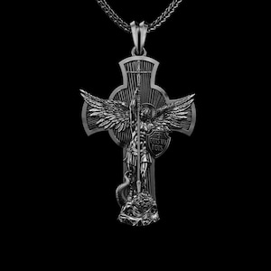 Sterling Silber Erzengel Michael Anhänger, Erstkommunion Kreuz Halskette, katholisches religiöses christliches Geschenk für ihn, Schutzengelanhänger Bild 2