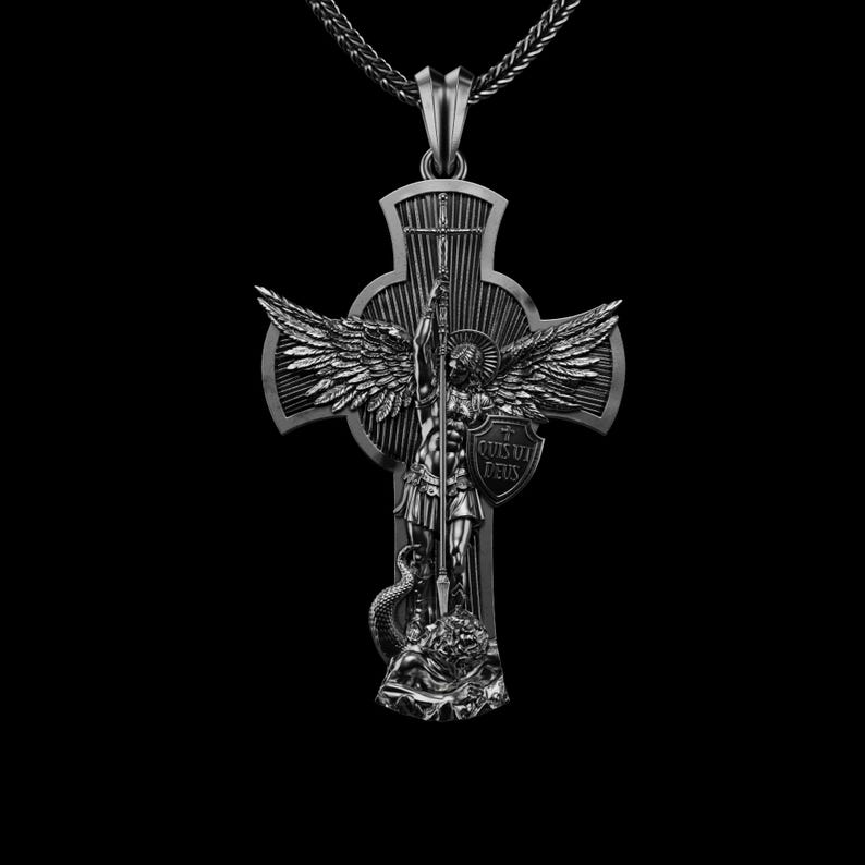 Sterling Silber Erzengel Michael Anhänger, Erstkommunion Kreuz Halskette, katholisches religiöses christliches Geschenk für ihn, Schutzengelanhänger Bild 2