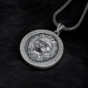 Lion Head Necklace, 925 Sterling Silver Greek Lion Pendant, Oxidized Lion King Pendant, Bold Animal Symbol Charm Gift for Him or Her