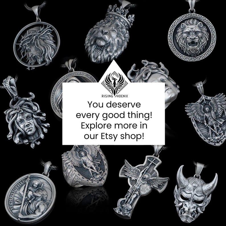 May include: A collection of silver-toned pendants with various designs, including a lion's head, a Medusa head, a cross with angel wings, and a St. Christopher medallion. The image also includes the text "You deserve every good thing! Explore more in our Etsy shop!"