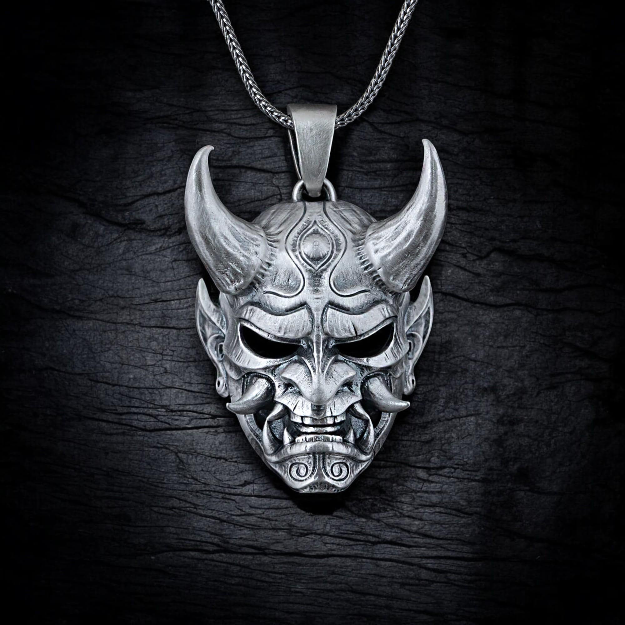 Oxidized Sterling Silver Oni Mask Pendant: Gothic Samurai Necklace