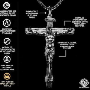 May include: A handcrafted 925 sterling silver pendant and chain featuring a detailed depiction of Jesus on the cross. The pendant has matte and glossy textures. The product is available in different color options and can be made entirely in gold.
