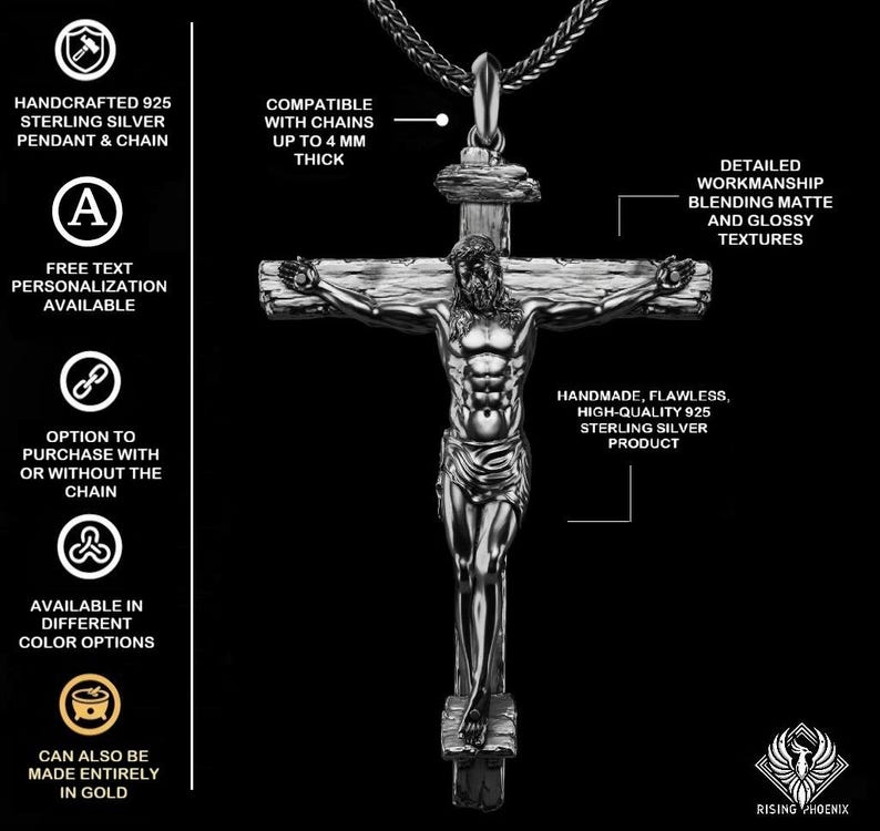 May include: A handcrafted 925 sterling silver pendant and chain featuring a detailed depiction of Jesus on the cross. The pendant has matte and glossy textures. The product is available in different color options and can be made entirely in gold.