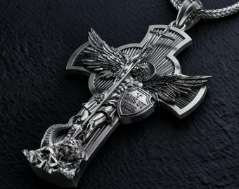Sterling Silver Archangel Michael Pendant, First Communion Cross Necklace, Catholic Religious Christian Gift for Him, Guardian Angel Pendant