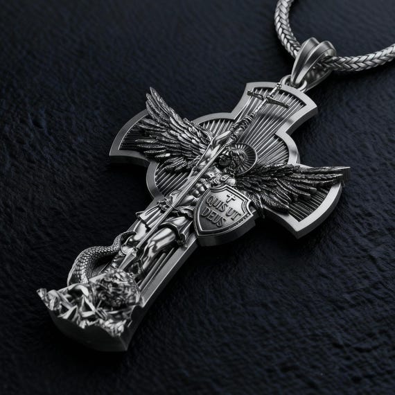 Sterling Silver Archangel Michael Pendant, First Communion Cross Necklace, Catholic Religious Christian Gift for Him, Guardian Angel Pendant