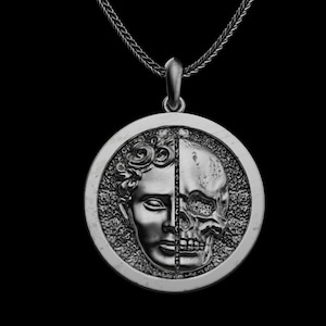 Sterling Silver Memento Mori Medallion: Gothic Skull Pendant Necklace