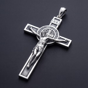925 Sterling Silver Crucifix Necklace, Saint Benedict Cross Pendant, Catholic Jesus Cross, Christian Gift for Him image 1