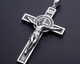 925 Sterling Silver Crucifix Necklace, Saint Benedict Cross Pendant, Catholic Jesus Cross, Christian Gift for Him