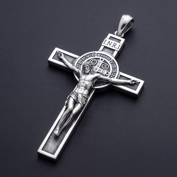 925 Sterling Silver Crucifix Necklace, Saint Benedict Cross Pendant, Catholic Jesus Cross, Christian Gift for Him