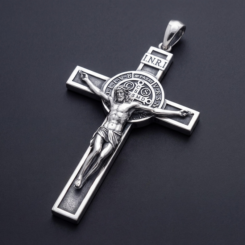 925 Sterling Silver Crucifix Necklace, Saint Benedict Cross Pendant, Catholic Jesus Cross, Christian Gift for Him image 1