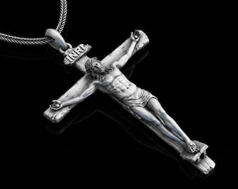 Crucifix Necklace, Sterling Silver Cross Pendant, Religious Catholic Jewelry, Gift for Him, Baptism Gift, Christian Jewelry