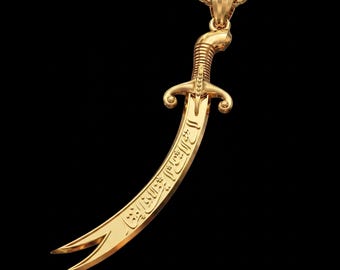 Gold Zulfiqar Necklace, Dhulfiqar Pendant, Imam Ali Sword, Arabic Calligraphy Pendant, Muslim Gift for Men