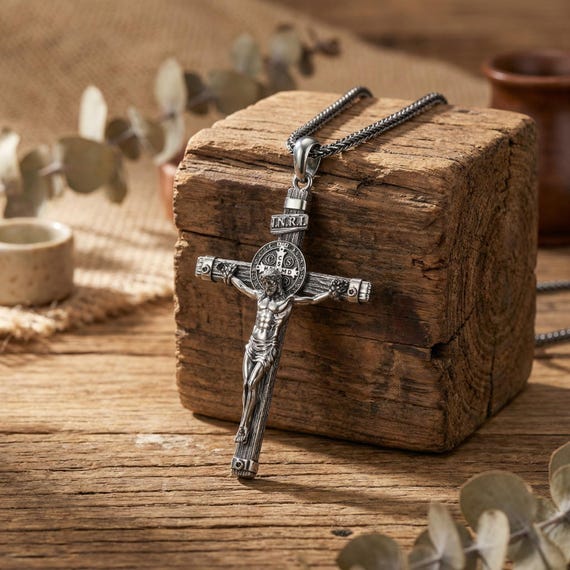 St. Benedict Crucifix Necklace, Catholic Cross Necklace, Religious Crucifix Pendant, Baptism Gift, Christian Jewelry