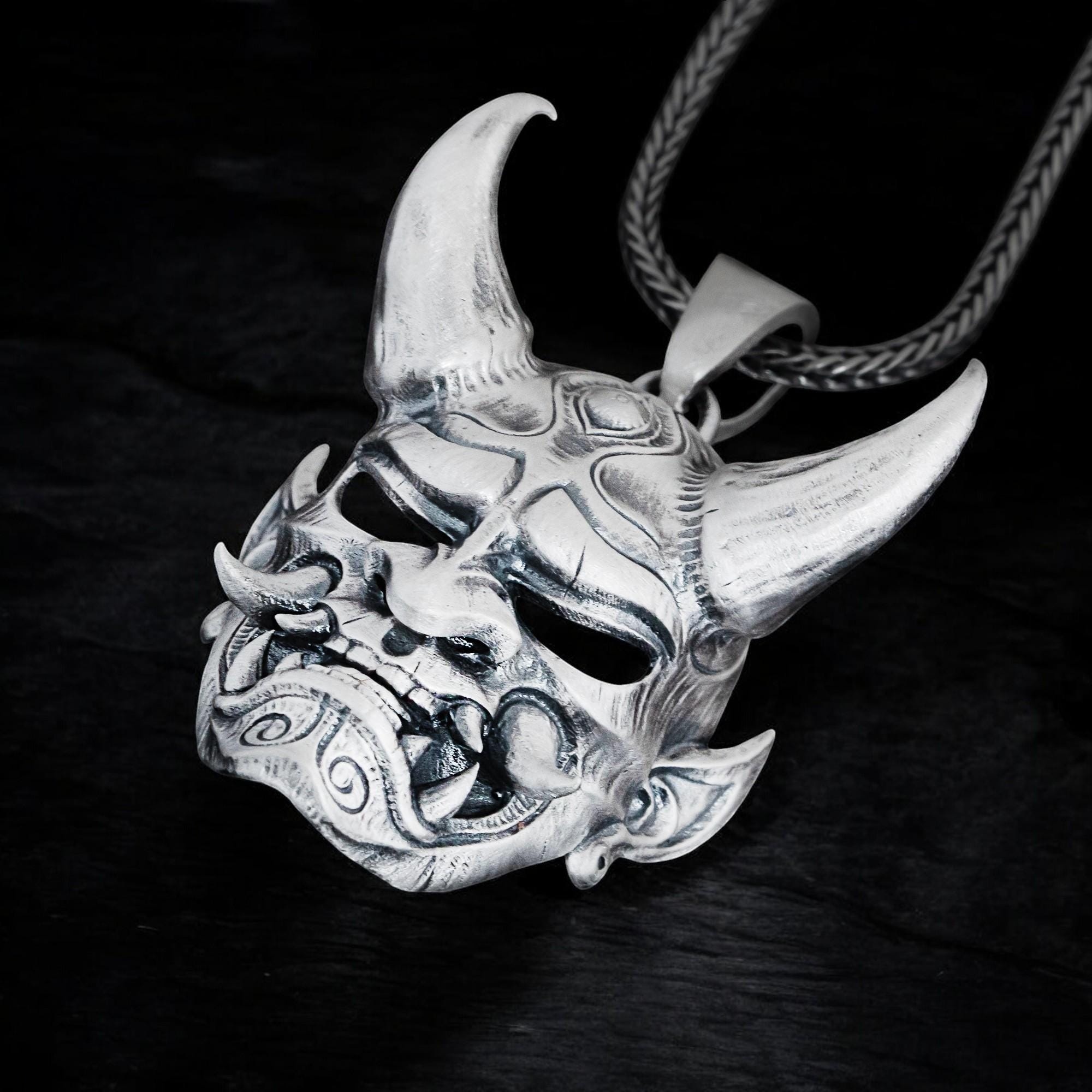 Oxidized Sterling Silver Oni Mask Pendant: Gothic Samurai Necklace