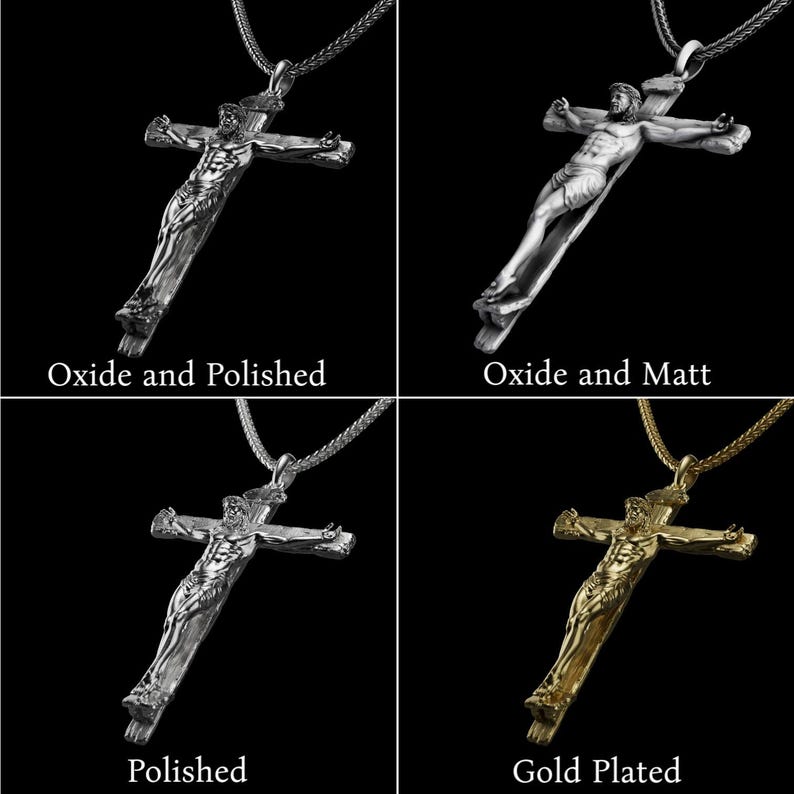 May include: Four silver-toned and gold-plated crucifix pendants on chains. The pendants feature a detailed depiction of Jesus on the cross. The image includes the text "Oxide and Polished", "Oxide and Matt", "Polished", and "Gold Plated".