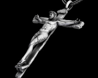 Crucifix Pendant, Sterling Silver Jesus Cross Necklace, Religious Christian Jewelry, Catholic Jewelry Men&#39;s Cross Necklace, Fathers Day Gift