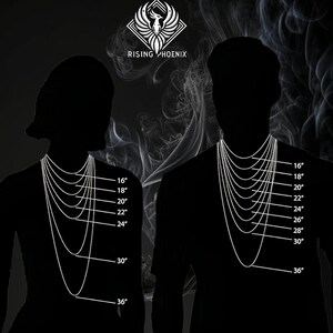 May include: A graphic showing the Rising Phoenix logo and several silver chain necklaces of varying lengths. The necklaces are displayed on the silhouettes of a person. The lengths are 16", 18", 20", 22", 24", 26", 28", 30", and 36".