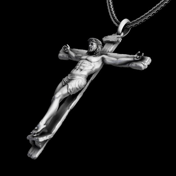 Crucifix Necklace, Sterling Silver Cross Pendant, Religious Catholic Jewelry, Gift for Him, Valentine’s Day