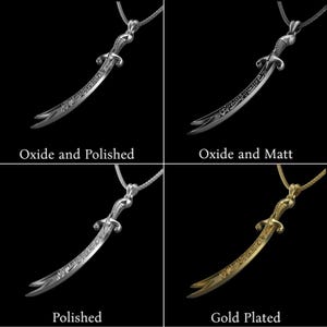 May include: Four silver-colored sword pendant necklaces with different finishes: Oxide and Polished, Oxide and Matt, Polished, and Gold Plated. Each pendant is suspended from a silver chain and features an ornate handle and curved blade with engraved text.
