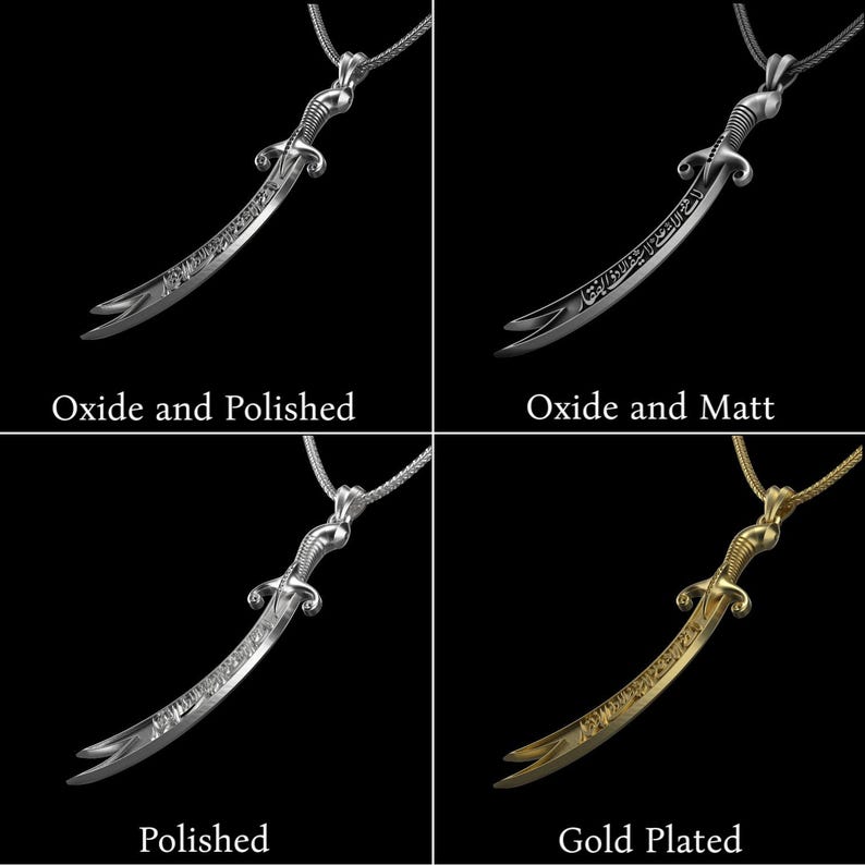 May include: Four silver-colored sword pendant necklaces with different finishes: Oxide and Polished, Oxide and Matt, Polished, and Gold Plated. Each pendant is suspended from a silver chain and features an ornate handle and curved blade with engraved text.