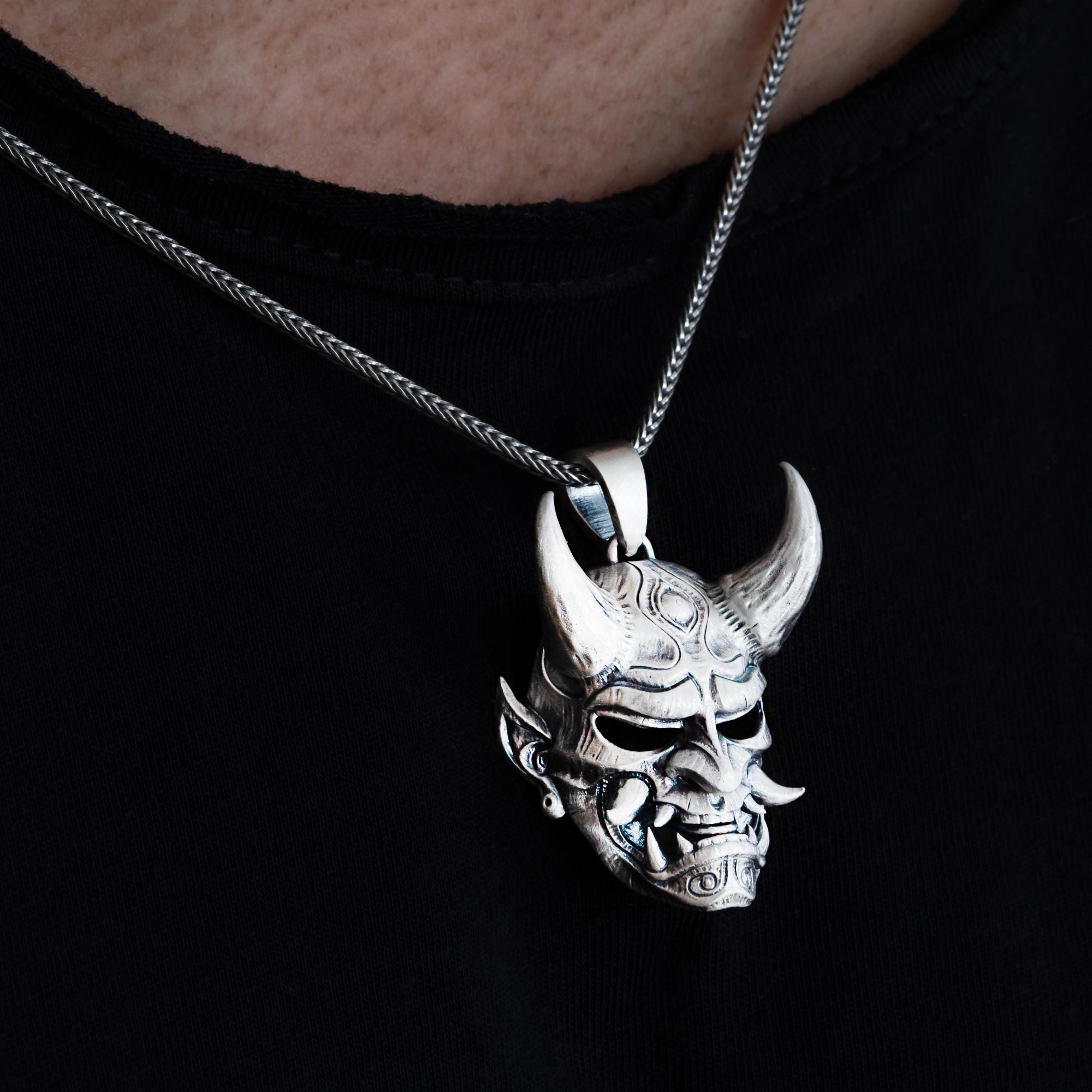 Oxidized Sterling Silver Oni Mask Pendant: Gothic Samurai Necklace