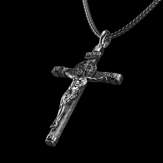 St. Benedict Crucifix Necklace, Catholic Cross Necklace, Religious Crucifix Pendant, Mens Jesus Cross, Gift for Him