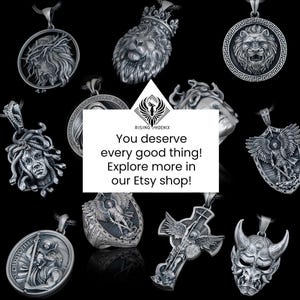 May include: A collection of silver-toned pendant necklaces with various designs, including a lion's head, a Medusa head, a cross with angel wings, and a St. Christopher medallion. The image also includes the text "You deserve every good thing! Explore more in our Etsy shop!"