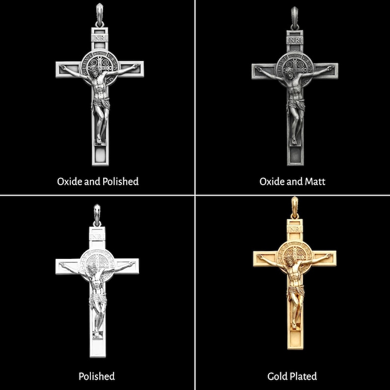 May include: Four crucifix pendants in various finishes: Oxide and Polished, Oxide and Matt, Polished, and Gold Plated. Each pendant shows a detailed depiction of Jesus on the cross, with the INRI inscription above. The pendants are displayed against a black background.