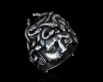Sterling Silver Medusa Ring, Handcrafted Greek Mythology Snake Jewelry, Gorgon Goddess Ring, Unique Gift for Her, Mythology Statement Ring