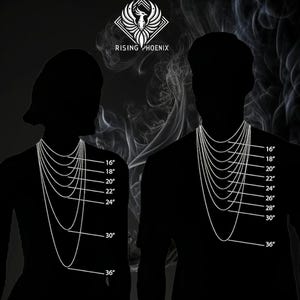 May include: Image showing a necklace length guide with a man and woman silhouette. The necklaces are shown in various lengths, from 40.6 cm to 91.4 cm. The Rising Phoenix logo is at the top.
