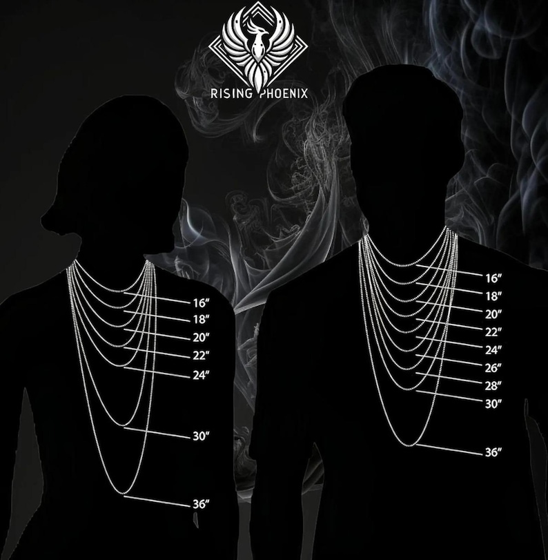 May include: Image showing a necklace length guide with a man and woman silhouette. The necklaces are shown in various lengths, from 40.6 cm to 91.4 cm. The Rising Phoenix logo is at the top.