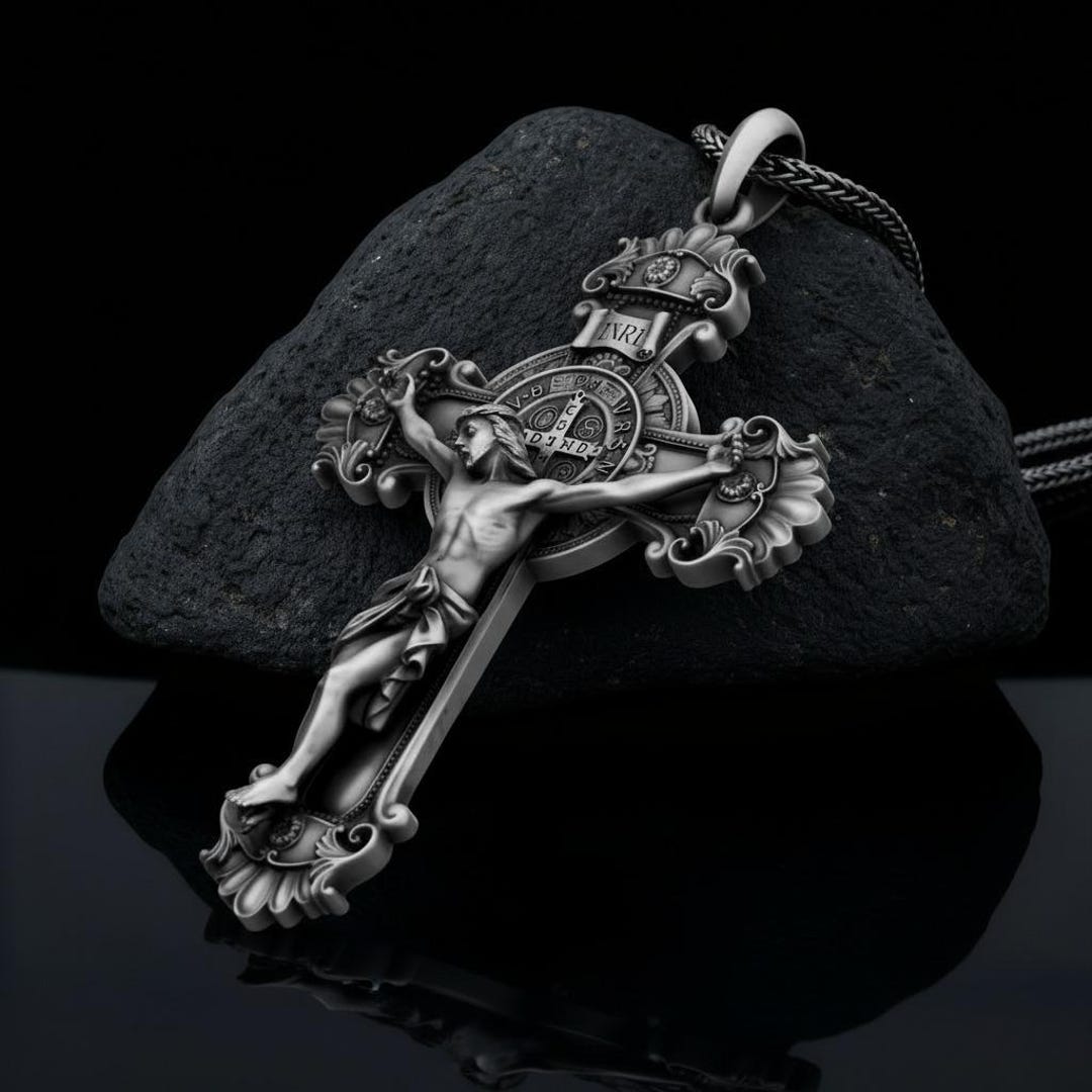 Sterling Silver Benedict Cross Necklace for Men, Religious Catholic ...