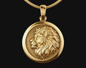 Solid Gold Lion Necklace, Leo Zodiac Pendant, Strength Symbol Jewelry, Mens Gold Necklace, Gift for Him, Leo Zodiac Gift