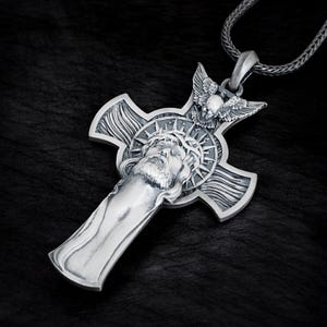 Jesus Cross Necklace, 925 Sterling Silver Religious Pendant, Crown of Thorns Christian Jewelry, Faith Gift for Men Christian Gift