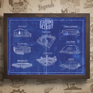 Stadiums of Detroit Blueprint: Joe Louis, Ford Field and more. Framed and unframed.