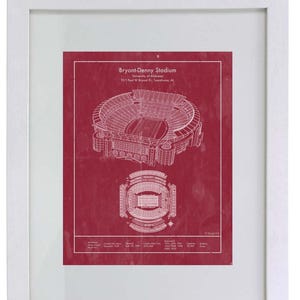 Plan du stade Bryant Denny de l'Alabama, 5 x 7 et 8 x 10 pouces, affiche imprimable en téléchargement numérique, art mural de football universitaire