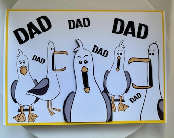 May include: A rectangular greeting card with a white background and a yellow border featuring a cartoon illustration of five seagulls with open beaks. The word DAD is printed in bold black capital letters multiple times around the birds.