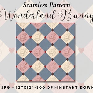 Könnte beinhalten: Ein nahtloses Musterdesign mit dem Thema Wonderland Bunny. Das Design enthält ein sich wiederholendes Muster aus Hasen, Herzen, Pik und Rauten in einer Farbpalette aus Blau, Rosa und Creme. Der Text "Wonderland Bunny" wird oben angezeigt.