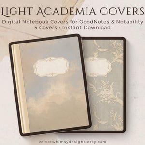 Peut inclure: Deux couvertures de cahiers numériques sur le thème de l'académie légère. L'une présente un design semblable à un ciel, l'autre un motif floral. Les deux ont des étiquettes décoratives. Le texte indique "LIGHT ACADEMIA COVERS" et "Digital Notebook Covers".