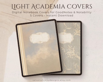 May include: Two digital notebook covers with a light academia theme. One has a sky-like design, the other a floral pattern. Both have decorative labels. The text reads "LIGHT ACADEMIA COVERS" and "Digital Notebook Covers for GoodNotes & Notability".
