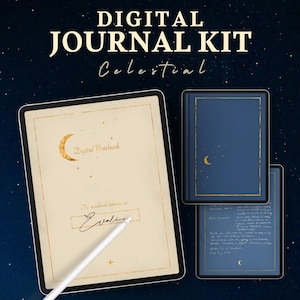 Könnte beinhalten: Digitales Journal-Kit Celestial. Das Bild zeigt ein digitales Notizbuch auf einem Tablet mit einem goldenen Halbmond-Design. Zwei weitere digitale Notizbücher werden angezeigt, eines mit blauem Einband und goldener Umrandung und das andere mit blauem Innenraum. Der Hintergrund ist eine Sternennacht.