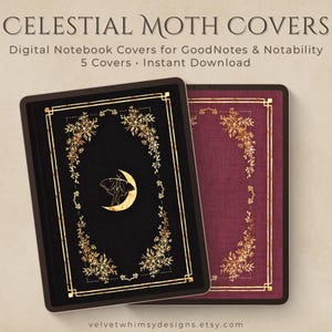 Vintage Book Cover Digital | Old Book Notebook Cover for GoodNotes & Notability | Dark Academia Planner Cover | Celestial Moth Journal Cover
