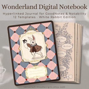 Könnte beinhalten: Digitales Notizbuch mit Wonderland-Thema. Das Cover zeigt eine Illustration eines weißen Kaninchens in einem dekorativen Rahmen, vor einem rosa-blauen Rautenmuster. Der Text "Wonderland Digital Notebook" steht oben. Ein Stapel Seiten ist rechts sichtbar.