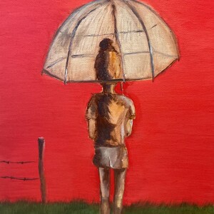 Pintura a óleo &quot;Garota Vermelha com Guarda-chuva&quot;