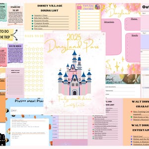 Può includere: Un planner stampabile per un viaggio a Disneyland Paris. Il planner include sezioni per l'imballaggio, la ristorazione, gli incontri con i personaggi, l'intrattenimento e molto altro. La copertina presenta un'illustrazione rosa e blu del Castello della Bella Addormentata.