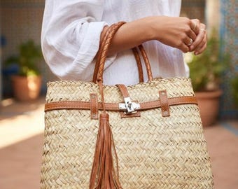 Gewebte marokkanische Strohkorbtasche | Handgefertigte sommerliche Boho-Strohtasche