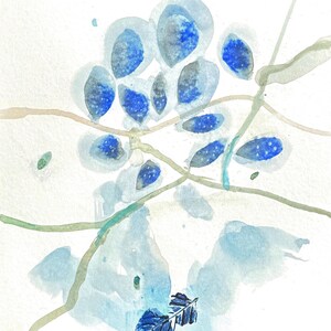 sospiro blu di foglie, belle arti su carta, flora astratta, decorazione murale ispirata alla natura, arte botanica