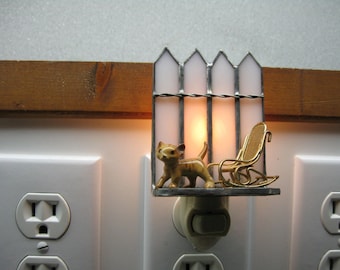 Stained Glass Nightlight with Tabby Kitten and Metal Rocking Chair