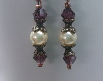 White Pearl Dangle Earrings with Purple Crystals and Antique Brass Findings